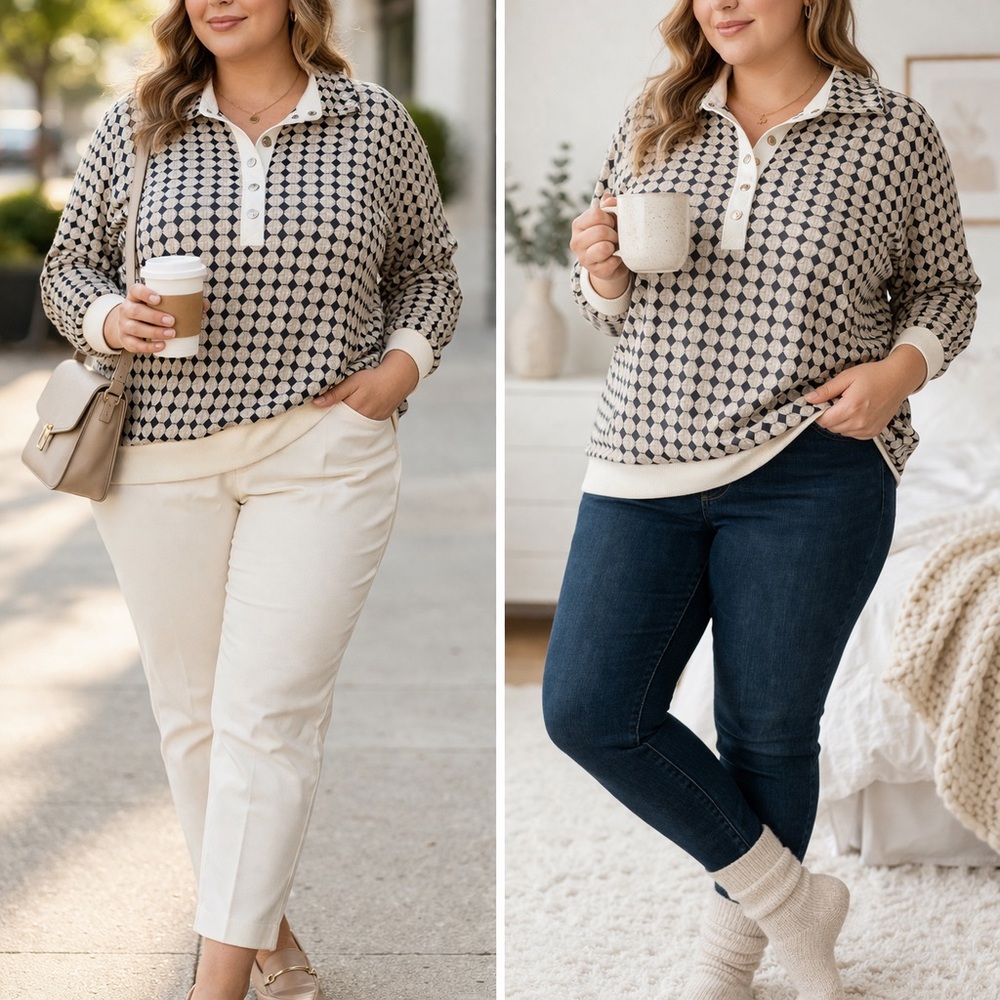 Casual Geometric Snap Button Pullover
02-0048